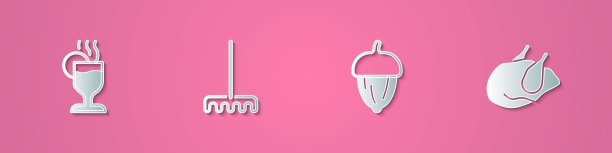 Set paper cut热葡萄酒，花园耙，橡子和烤鸡图标。纸艺术风格。向量图片下载