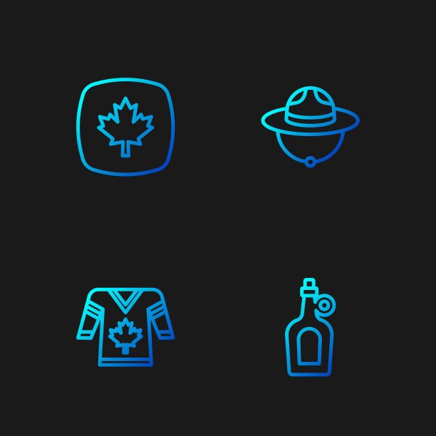 瓶装枫糖浆，曲棍球运动衫，加拿大树叶和护林员帽。渐变颜色图标。向量图片下载