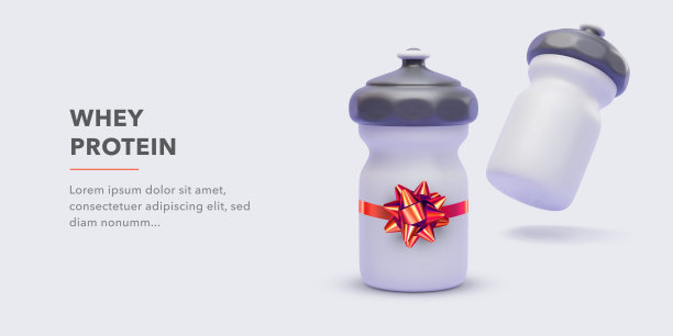 运动营养，蛋白乳清，3d现实瓶与礼品蝴蝶结上的塑料瓶。运动营养广告横幅。矢量图图片下载