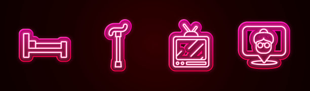 设置线床，手杖，复古电视和养老院。发光的霓虹灯图标。向量图片下载