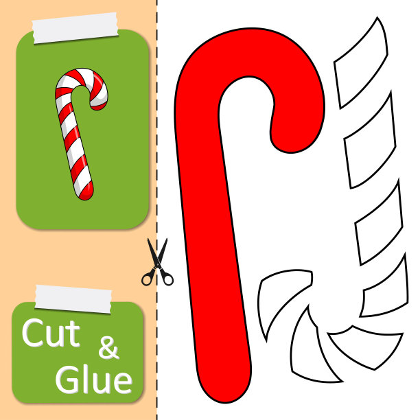 剪纸和胶水可爱的圣诞糖果藤。创建应用程序的卡通甜蜜。圣诞冬季假期设计元素为贺卡、装饰。儿童逻辑游戏和活动拼图。图片下载