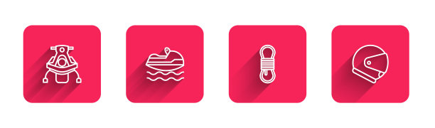 雪地车，水上摩托艇，登山绳和头盔与长影子。红场按钮。向量图片下载