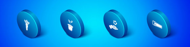 设置等距胡萝卜，手捧花，锯和花盆图标。向量图片下载