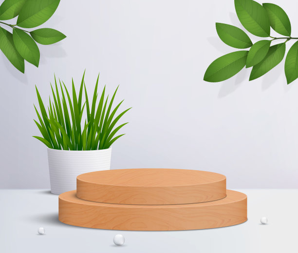 抽象的最小场景与圆柱平台。木质圆形讲台在白色的背景化妆品产品介绍。三维几何基座插图。图片下载
