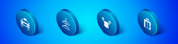 设置等距出租车，厕纸卷，升降机和衣架衣柜图标。向量图片下载