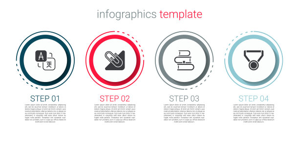 设置翻译，回形针，书和奖章。业务信息模板。向量图片下载