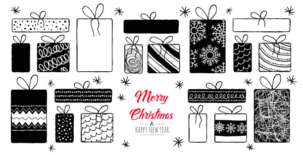 一套手绘的圣诞礼物。装饰孤立的元素。涂鸦和草图矢量插图图片下载