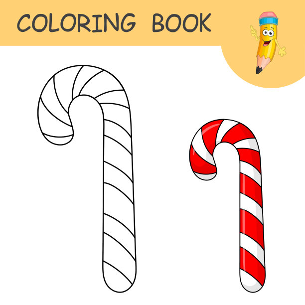 彩色书与卡通糖果拐杖。无色和彩色样品圣诞甜蜜的着色页为孩子。色彩设计在可爱的卡通风格。黑色轮廓轮廓与样本着色图片下载