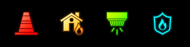 设置交通锥，火灾在燃烧的房子，烟雾报警系统和保护盾图标。向量图片下载