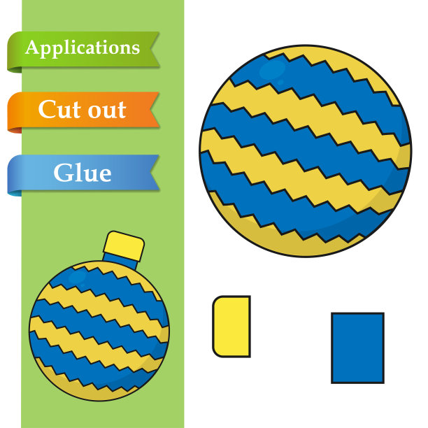 纸应用卡通圣诞玩具。用剪刀把圣诞球的部分剪下来，粘在纸上。教育逻辑游戏，帮助孩子切割，坚持和学习关于新年。图片下载