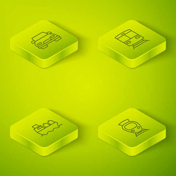 设置等距线火车和铁路，油船，有轨电车和汽车图标。向量图片下载