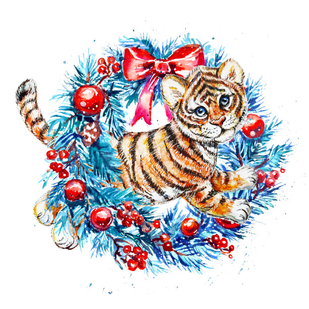 圣诞装饰花环与小老虎作为象征的一年图片下载