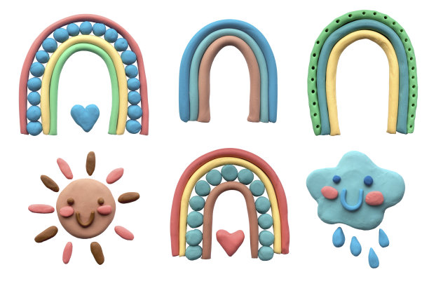 可爱的一套插图从橡皮泥3d。波西米亚彩虹，太阳，云，雨。儿童立体图片，卡通风格。隔离在白色背景上图片下载
