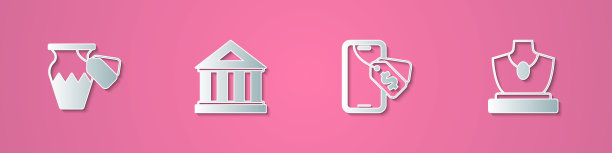 集剪纸拍卖古花瓶，博物馆建筑，网上拍卖和珠宝拍卖图标。纸艺术风格。向量图片下载