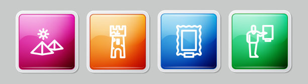 设置线埃及金字塔，城堡塔，图片和博物馆导游。丰富多彩的广场按钮。向量图片下载