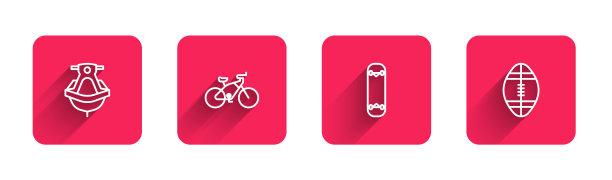 设置线喷气滑雪，自行车，滑板花招和橄榄球与长影子。红场按钮。向量图片下载