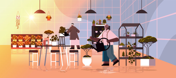 园丁夫妇照顾盆栽图片下载