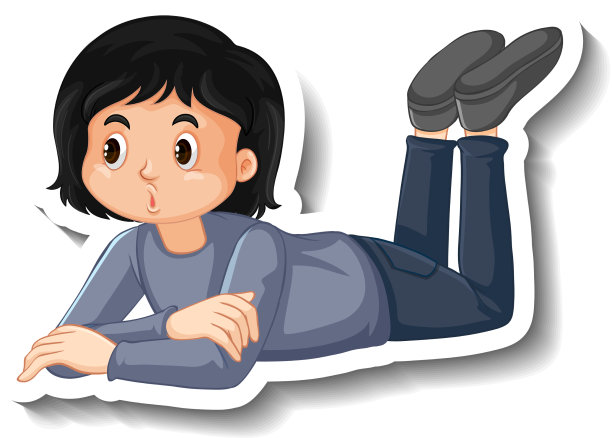 女孩躺在地上的卡通贴纸图片下载