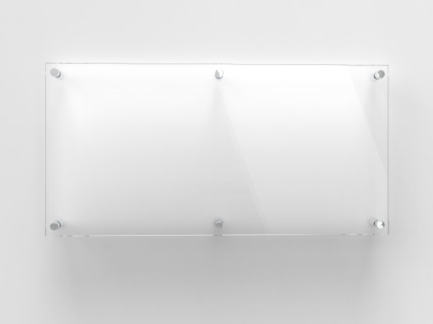 空白宽透明玻璃办公企业标牌模板模拟模板，清晰印版品牌，标志。透明亚克力广告招牌比例1:2模型正面视图。三维渲染图片下载