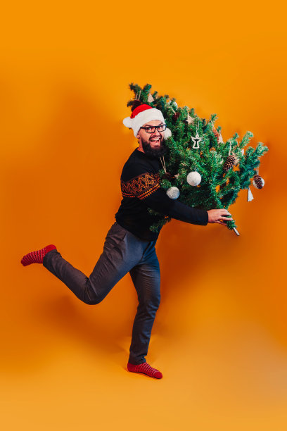 戴着圣诞帽和眼镜的大胡子男子手里拿着圣诞树。扛着圣诞树的男人。图片下载