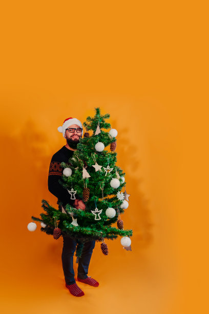 戴着圣诞帽和眼镜的大胡子男子手里拿着圣诞树。扛着圣诞树的男人。图片下载