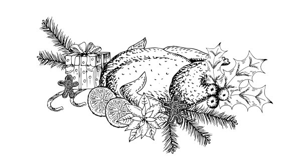圣诞火鸡，鸡肉，野味，冬青树的树枝，棉花，橘子的楔子，圣诞藤，一品红，云杉的树枝。矢量插图的传统节日菜。图片下载