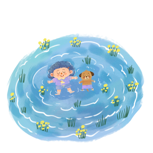 夏至水池女孩和狗狗平躺游泳图片下载