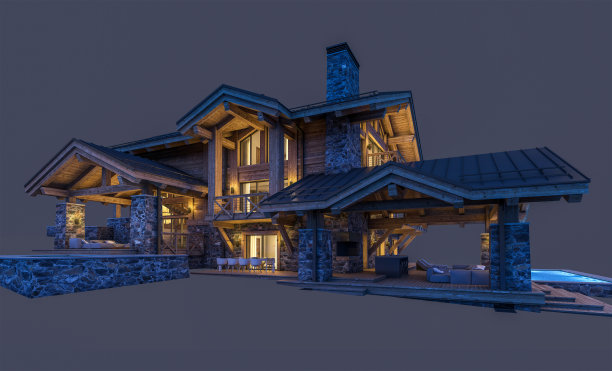 3d渲染的现代舒适的小屋在夜间孤立的黑色图片下载
