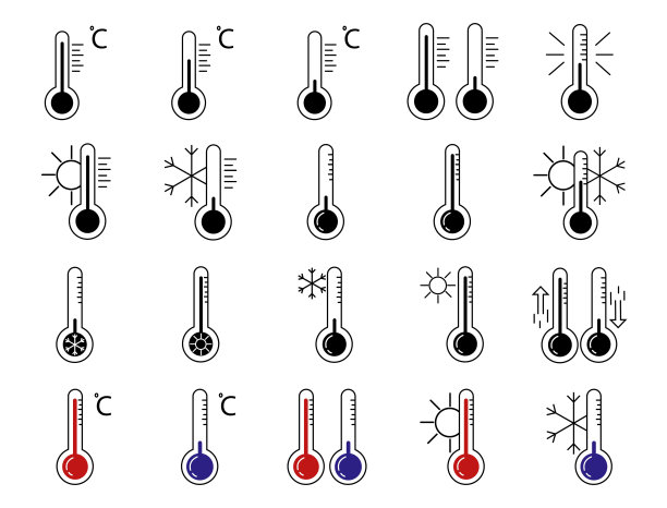 温度计图标矢量插图孤立的最小平面线性图标的应用和信息图形。不同类型的温度计，彩色，蓝色和红色，黑色和白色的太阳和雪花。平坦的插图。商业线向量图标为我们图片下载
