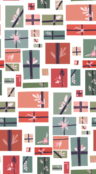 矢量无缝假日图案hygge礼品盒与丝带和树枝装饰在白色的背景。纹理与呈现顶部视图在柔和的颜色图片下载