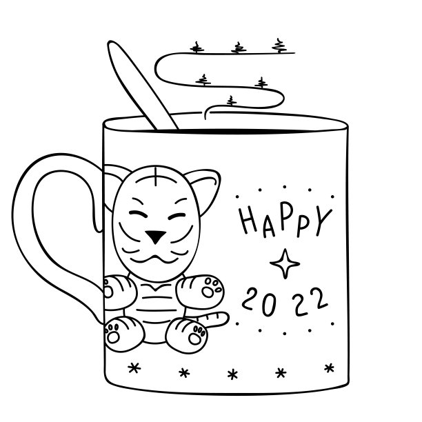 一杯可爱的老虎茶，上面写着2022年快乐。线性图。设计模板为圣诞卡片，横幅，海报，节日装饰。向量图片下载