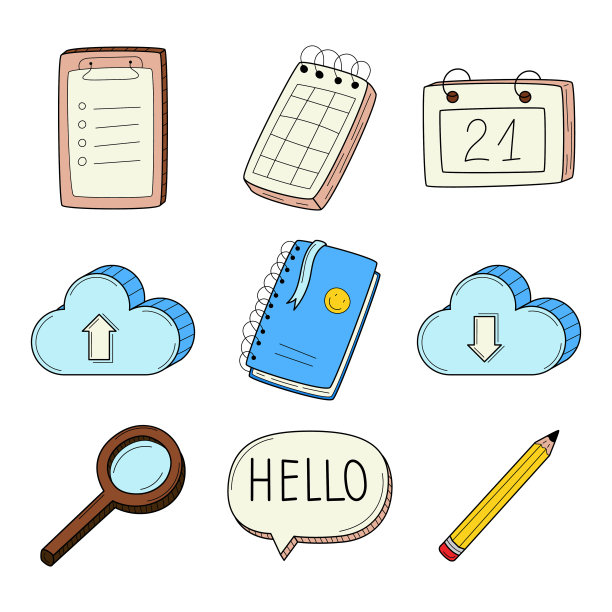 一组彩色的涂鸦图标，包括记事本、笔记本、日历、铅笔、放大镜、云。商业符号。手绘彩色矢量插图。被隔离在白色背景下。图片下载