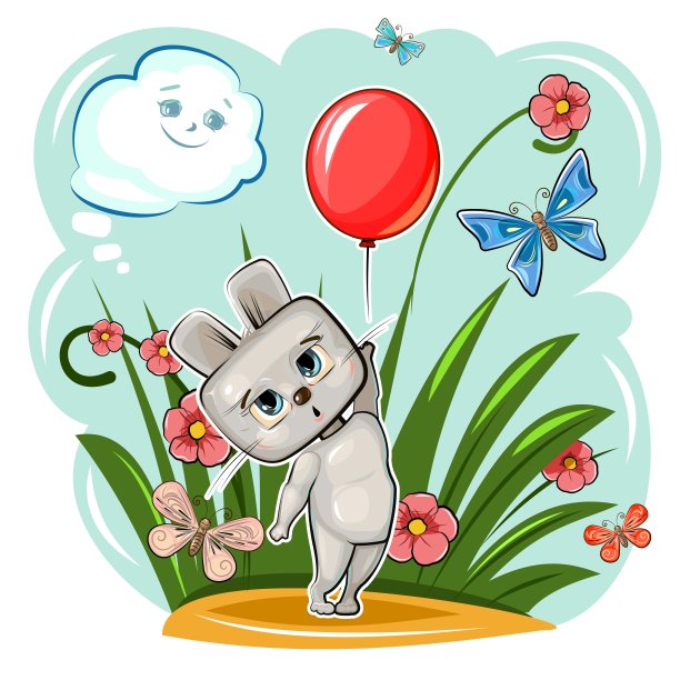 有趣可爱的兔子拿着一个红色的气球飞走了。夏天的草地上有鲜花和蝴蝶。有趣的小动物。卡通风格。对儿童插图。孤立的白色背景。向量图片下载