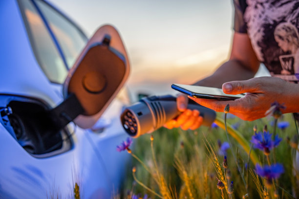 一名妇女一边用手机一边给电动汽车充电图片下载