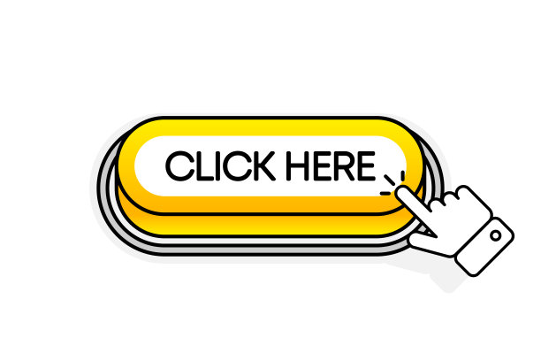 黄色3D按钮与题词点击这里，孤立在白色背景。鼠标光标。线性设计。矢量插图。图片下载