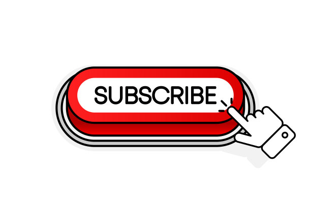 红色3D按钮，上面写着订阅，孤立在白色背景下。鼠标光标。线性设计。矢量插图。图片下载
