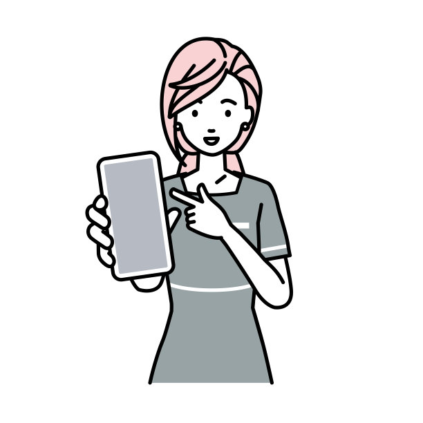 一位美学家女士带着微笑推荐、提议、展示并指向智能手机模型屏幕图片下载