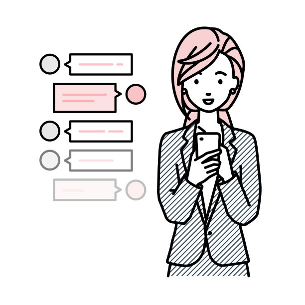 身着商务套装的女性站在那里，看着手中的智能手机，通过sns聊天聊天图片下载