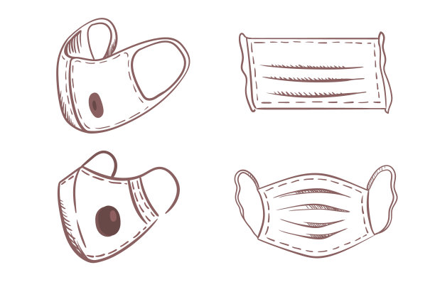 一套手工绘制的医用呼吸口罩，用于预防冠状病毒和空气污染。保护面部外科口罩。插图在线条艺术风格图片下载