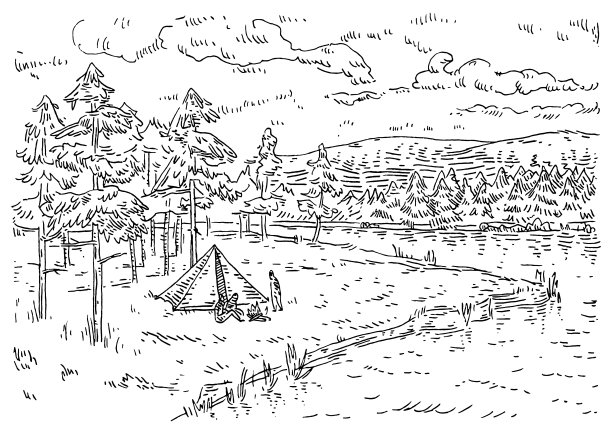 在森林露营。复古雕刻矢量黑白插图。图片下载