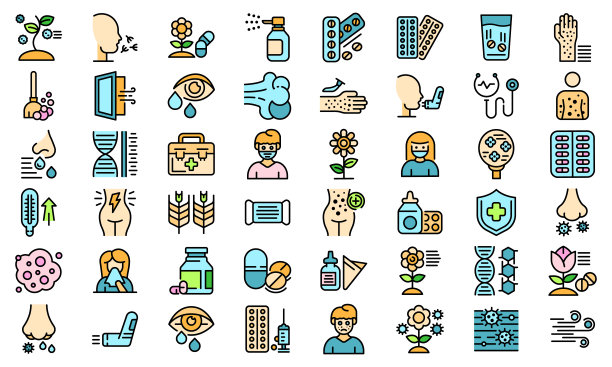 季节性过敏图标设置向量平图片下载