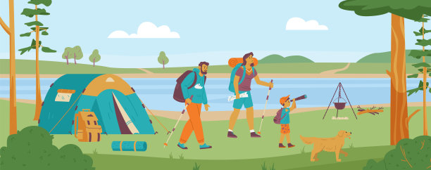 家庭游客旅行在森林背包，平面矢量插图。图片下载