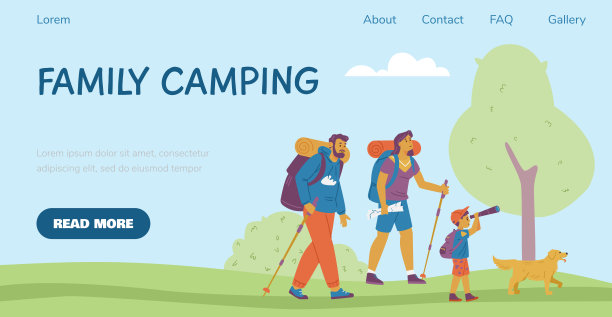家庭露营网站设计与人物，平面矢量插图。图片下载