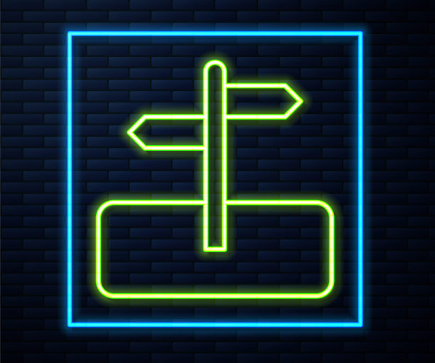 发光的霓虹灯线道路交通标志。孤立于砖墙背景上的路标图标。指针的象征。独立的街道信息标志。方向的信号。向量图片下载