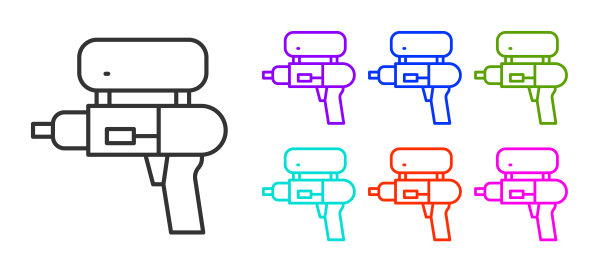 黑线水枪图标孤立在白色背景。设置图标丰富多彩。向量图片下载