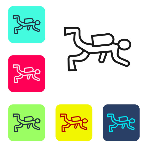 黑色线水肺潜水员图标孤立在白色背景。设置图标的颜色方形按钮。向量图片下载