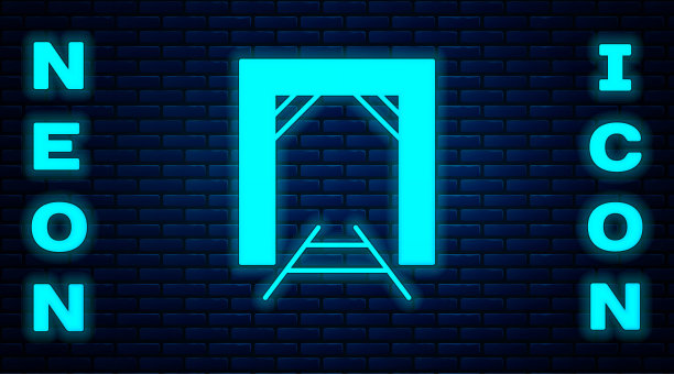 发光的霓虹灯矿山入口图标孤立在砖墙背景。向量图片下载