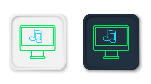 线电脑与音乐音符符号在屏幕图标孤立在白色背景。色彩斑斓的轮廓的概念。向量图片下载