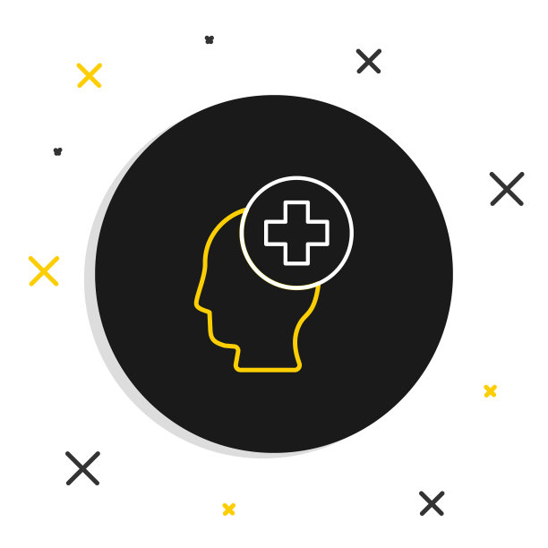 线男性头部与医院图标隔离在白色背景上。头部带有心理健康、保健和医学标志。色彩斑斓的轮廓的概念。向量图片下载