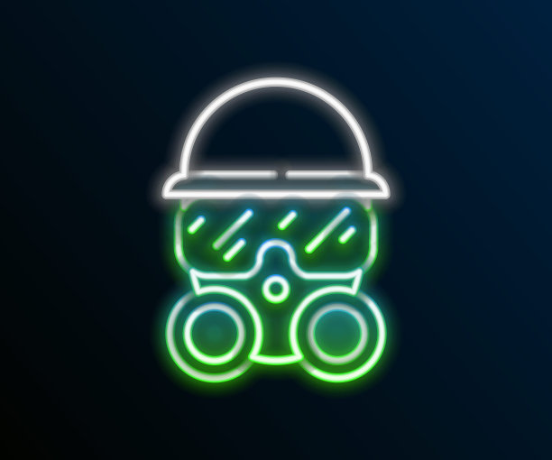 发光的霓虹灯线防毒面具图标孤立的黑色背景。呼吸器的迹象。色彩斑斓的轮廓的概念。向量图片下载